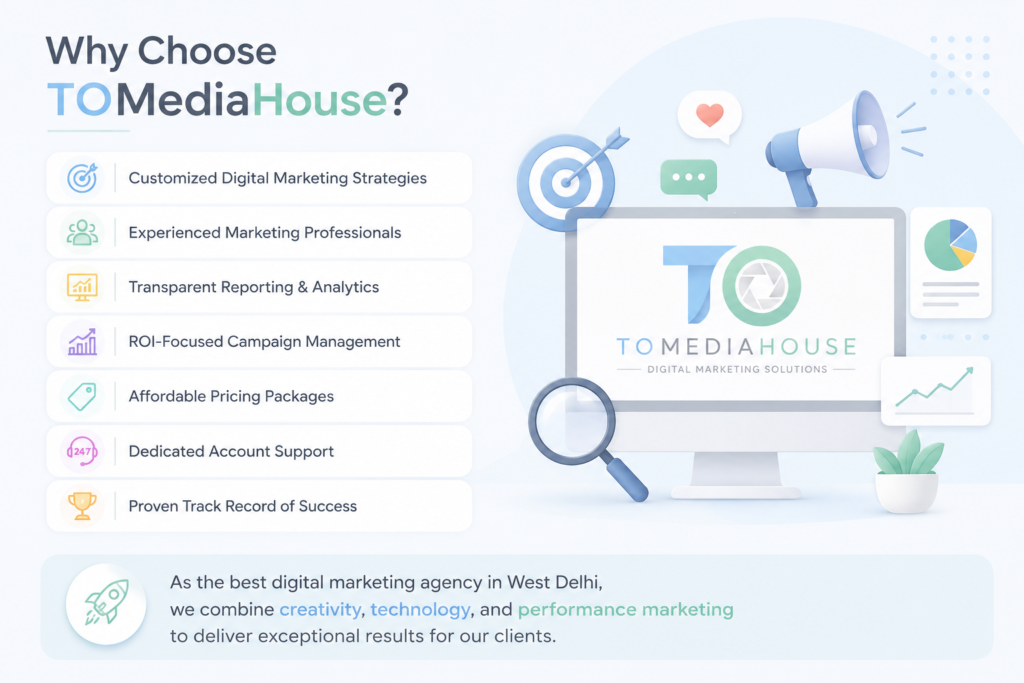 Why Choose TOMediaHouse – Digital Marketing Agency in West Delhi offering customized marketing strategies, SEO, social media marketing, ROI-focused campaigns, transparent reporting, affordable pricing, and dedicated client support.